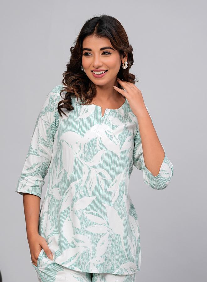 Take Two Women Leaf Print Top and Pyjama Set - Image 4